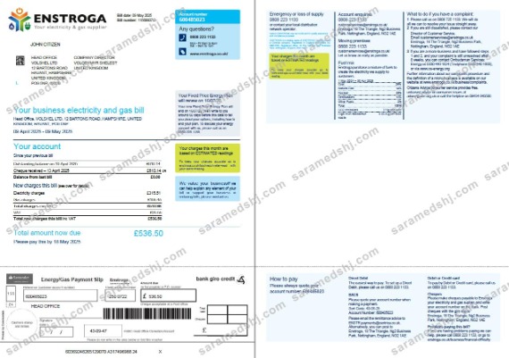 United Kingdom Enstroga utility bill template in Word and PDF formats, 2 pages